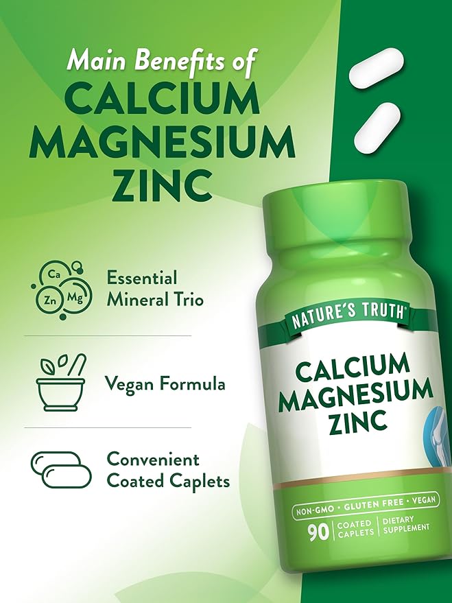 Nature's Truth Calcium Magnesium Zinc | 90 Coated Caplets | Vegan, Non-GMO, and Gluten Free Supplement