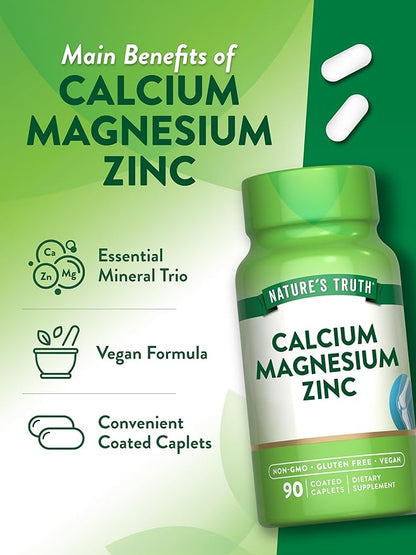 Nature's Truth Calcium Magnesium Zinc | 90 Coated Caplets | Vegan, Non-GMO, and Gluten Free Supplement