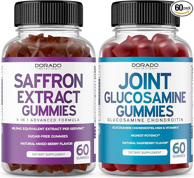 Saffron (60 Gummies) Premium 5 in 1 Advanced Formula - Delicious Raspberry Flavor and Glucosamine Chondroitin Joint Supplement (60 Count) Joint Supplements for Men & Women - Vegan Safe & Made in USA