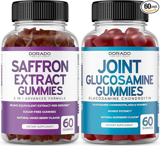 Saffron (60 Gummies) Premium 5 in 1 Advanced Formula - Delicious Raspberry Flavor and Glucosamine Chondroitin Joint Supplement (60 Count) Joint Supplements for Men & Women - Vegan Safe & Made in USA