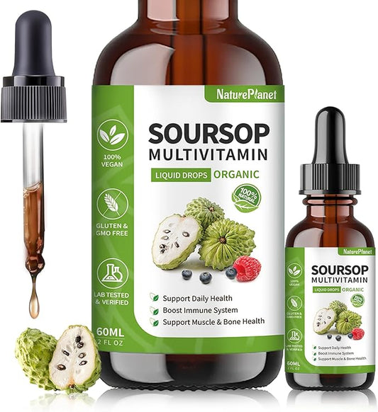 Organic Soursop Bitters Liquid Drops with Vitamin B6, C, D3 Soursop Graviola Multivitamin Liquid for Immune Support and Zzz Support Gluten-Free Vegan & Organic - 2 Fl Oz, 60 ml