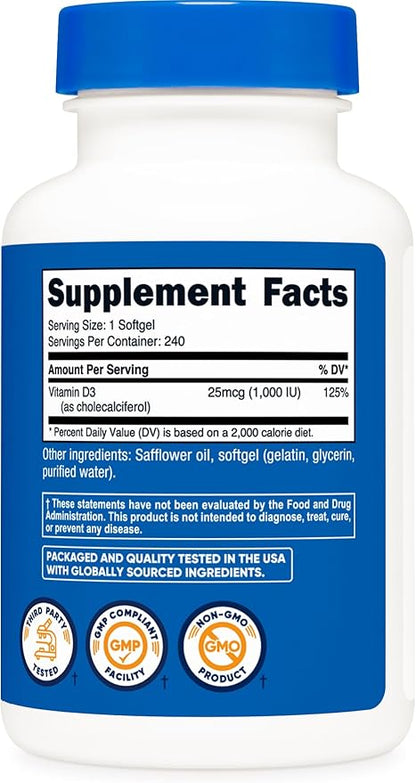 Nutricost Vitamin D3 1000 iu Softgels, 240 Softgels - Non-GMO & Gluten Free