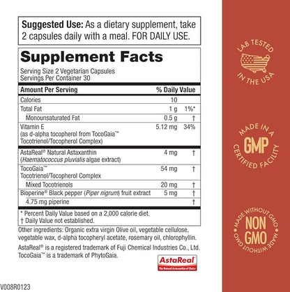 Purity Products AstaFX Astaxanthin Antioxidant Super Formula from Clinically Tested 4 mg AstaREAL with Tocotrienols (Vitamin E) + BioPerine Black Pepper + Piperine - 60 Vegetarian Caps