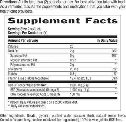 Country Life Omega 3 Fish Oil Supplement - High Concentration EPA and DHA Omega 3 Fatty Acids - 2000mg Fish Oil for Emotional Health, Mood Support, and No Fish Taste - Natural Lemon Flavor