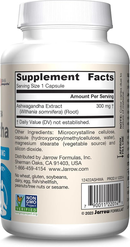 Jarrow Formulas Ashwagandha 300 mg - 120 Veggie Capsules - Overall Health & Resistance to Fatigue - Supplement Supports Endurance, Muscle Recovery & Cognitive Health - 60 Servings (Pack of 12)