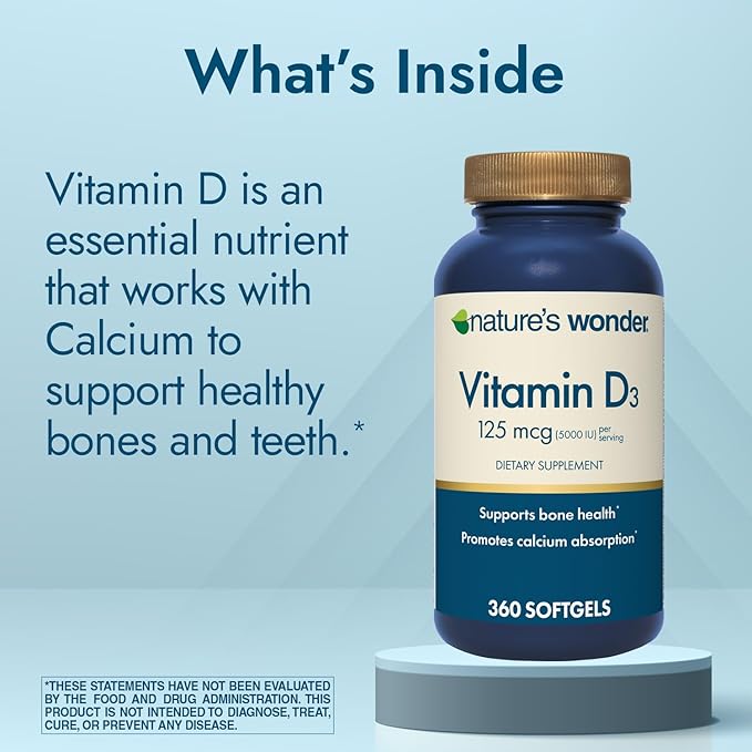 Nature's Wonder Vitamin D3 5000iu (125mcg) High Potency, Dietary Supplement to Support Bone Health and Immune System, Gluten Free, 360 Softgels, 1 Year Supply