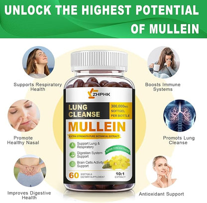 Mullein Leaf Extract for Lungs Softgels, Lung Detox Cleanse Respiratory Lung Support, Herbal Supplements for Smokers, Vegan, Non-GMO, Immune Digestive Support, 120-Count, 120 Days Supply
