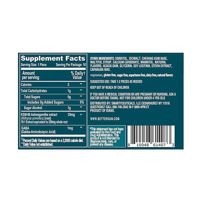 AshwaGum RELAX Gum by BetterGum, High Potency Supplement with KSM 66 Ashwagandha and Gaba, Supports Stress and Tension Relief, Alternative to Gummies, Sugar-Free, 10 Pieces - 6 Pack