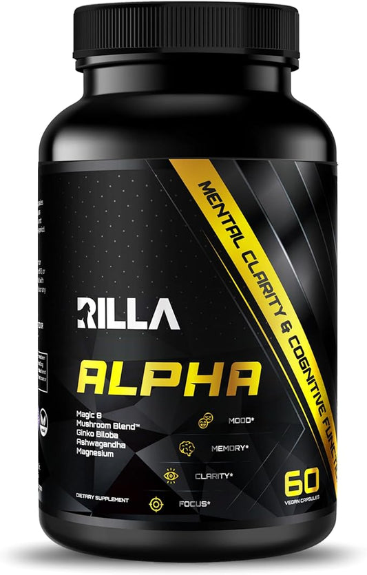 RILLA, Alpha Nootropic Brain Supplement for Focus Clarity Memory Mood, 8 Mushroom Blend, Ginkgo Biloba, Ashwagandha, Magnesium for Natural Energy, Memory, Caffeine-Free for Concentration
