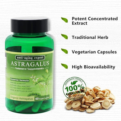 Astragalus Root Organic Extract 650mg, Schisandra Berries, Ligustrum Berry, 80% American Ginseng, Immune System Antioxidants Supports, Healthy Aging, Made in USA