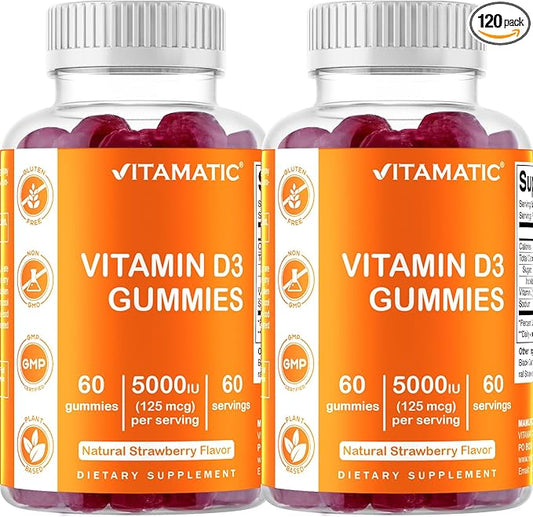 Vitamatic Vitamin D3 Gummies – 5000 IU Per Gummy | 60 Gummies per Bottle | Pack of 2 (Total 120 Count) Great Taste | Supports Bone, Teeth, Mood, Joint & Immune Health