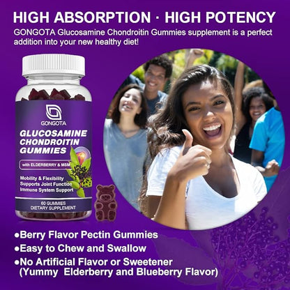 Glucosamine Chondroitin Gummies, Extra Strength 1500mg Glucosamine with MSM & Elderberry, Joint Support Supplement, Best Cartilage & Immune Support Supplement for Men and Women - 60count (1 Pack)