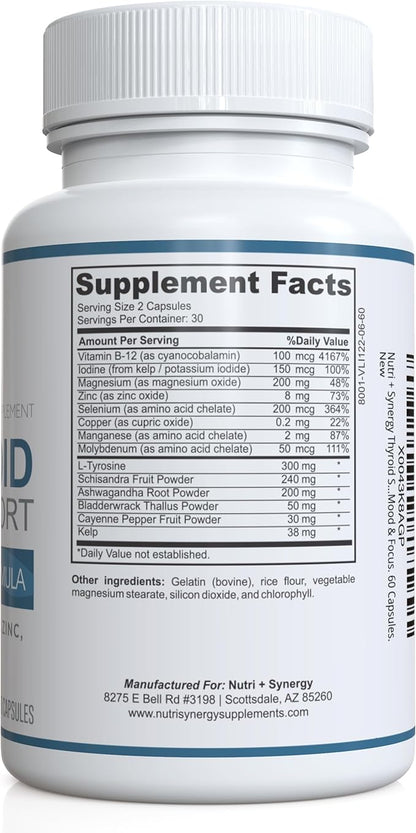 Thyroid Support - with L-Tyrosine, Iodine, Vitamins & Minerals. Supports Healthy Thyroid Function, Energy, Mood & Focus. 60 Capsules.