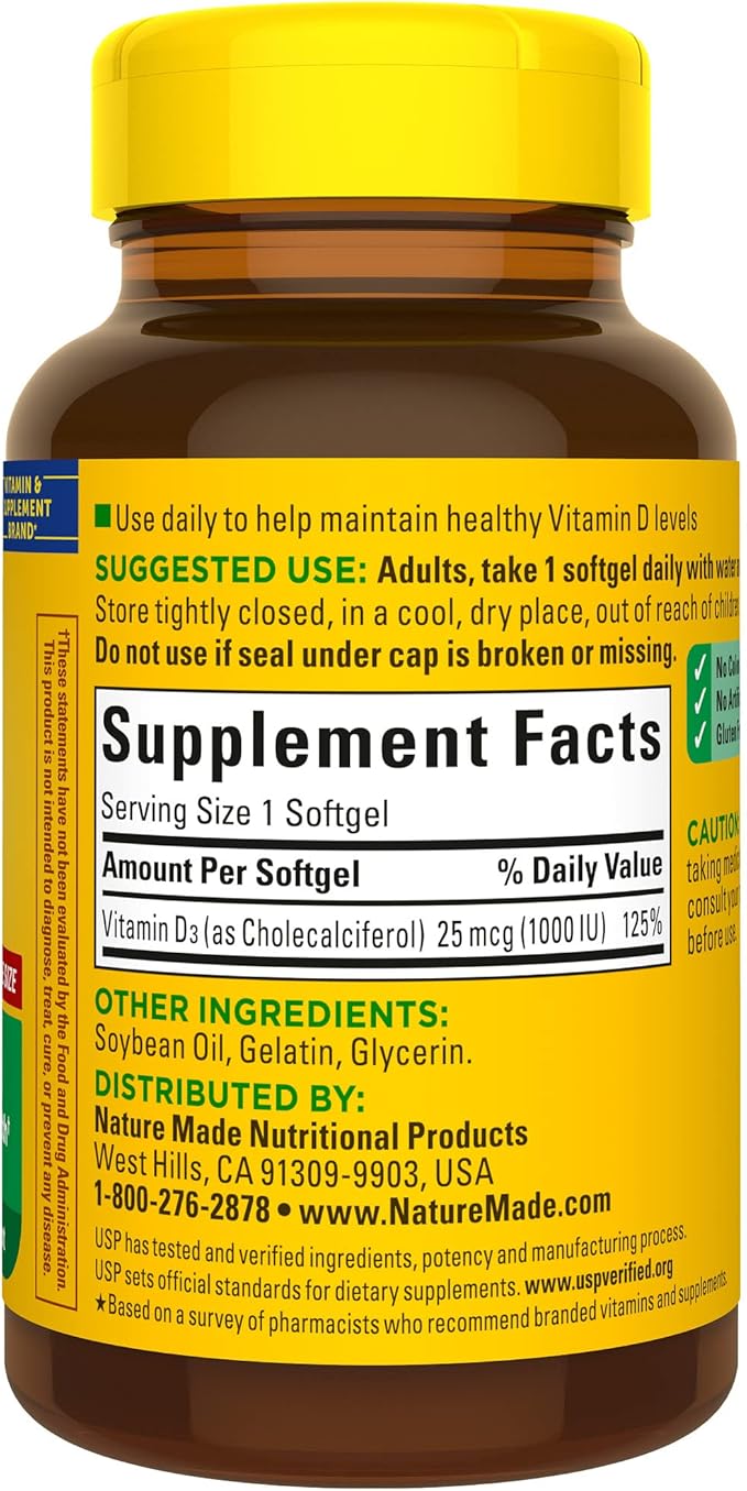 Nature Made Vitamin D3 1000 IU (25 mcg), Dietary Supplement for Bone, Teeth, Muscle and Immune Health Support, 180 Softgels, 180 Day Supply