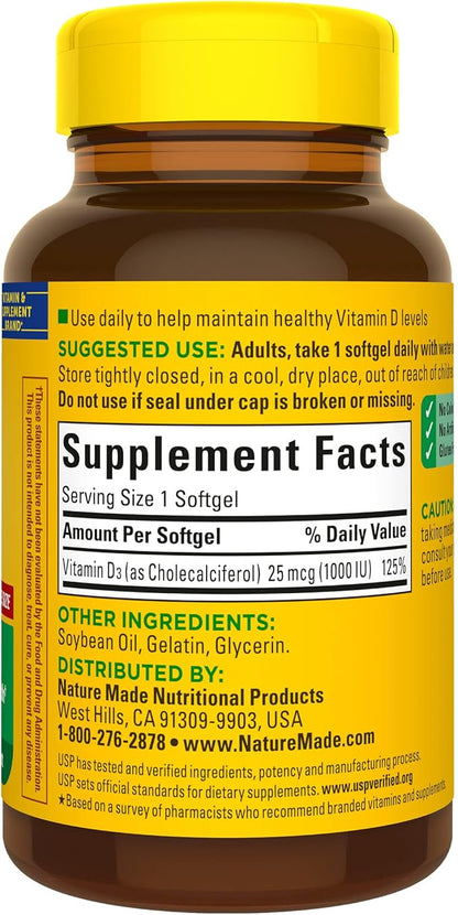 Nature Made Vitamin D3 1000 IU (25 mcg), Dietary Supplement for Bone, Teeth, Muscle and Immune Health Support, 180 Softgels, 180 Day Supply