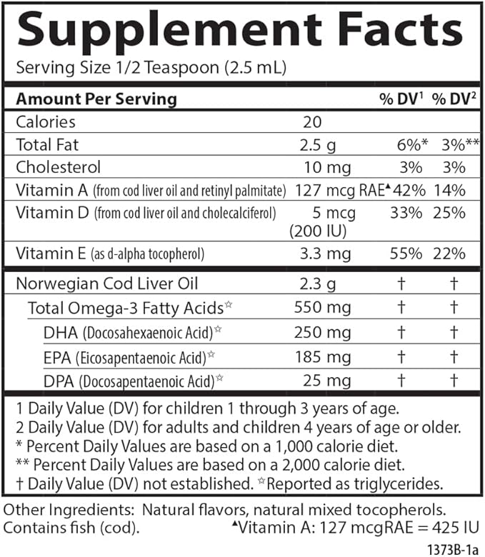 Carlson - Kid's Cod Liver Oil, 550 mg Omega-3s, Plus Vitamins A and D3, Liquid Fish Oil, Wild Caught Norwegian Arctic Cod, Sustainably Sourced Nordic Fish Oil, Green Apple, 250 mL (8.4 Fl Oz)