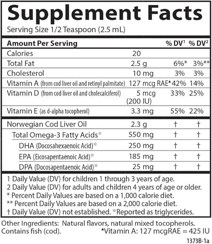 Carlson - Kid's Cod Liver Oil, 550 mg Omega-3s, Plus Vitamins A and D3, Liquid Fish Oil, Wild Caught Norwegian Arctic Cod, Sustainably Sourced Nordic Fish Oil, Green Apple, 250 mL (8.4 Fl Oz)