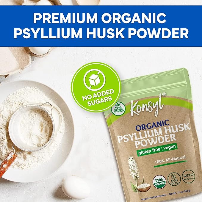 Konsyl Organic Psyllium Husk Powder - Perfect for Vegan Baking - USDA Certified Fiber Supplement Powder - All Natural, Gluten-Free, Sugar-Free, Unflavored