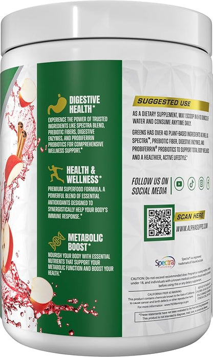 Alpha Greens Supplement | Fruit & Vegetable Superfood Powder | Over 40 Natural Plant Based Ingredients | Prebiotic & Probiotic Digestive Support Blend - 30 Servings (Apple Cinnamon)