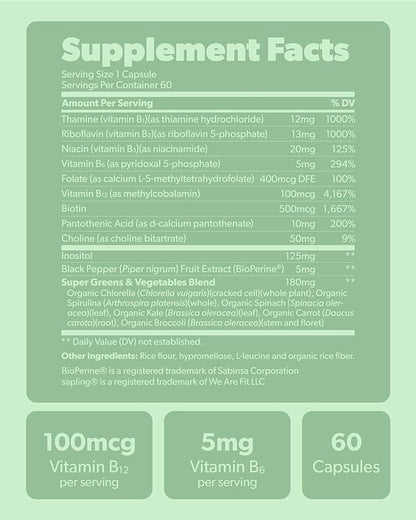 Vegan Vitamin B Complex - Whole Food Blend with Essential B Vitamins B1, B2, B3, B5, B6, B7, Folate, B12-60 Caps