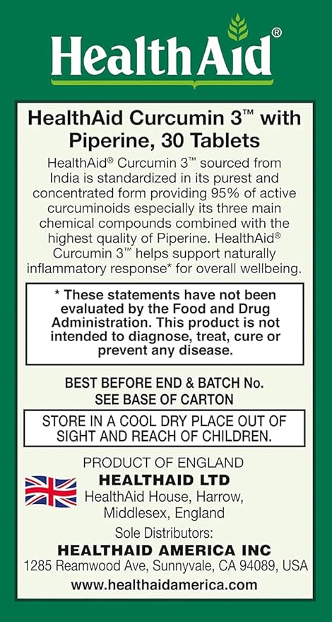 Curcumin 3, 30ct, 600mg Once Daily Tablets, Helps with Optimum Absorption & Bioavailability, Standardized with Piperine