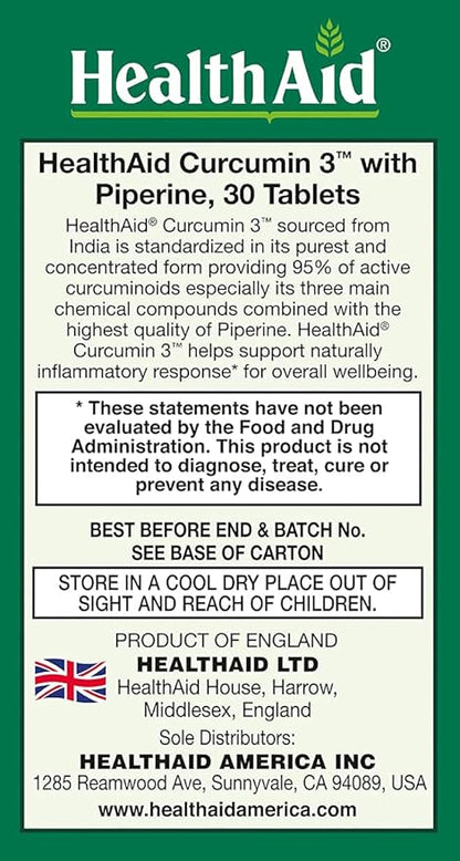 Curcumin 3, 30ct, 600mg Once Daily Tablets, Helps with Optimum Absorption & Bioavailability, Standardized with Piperine