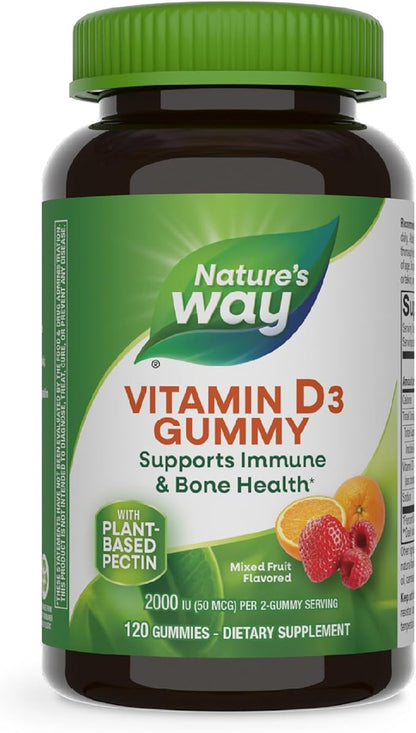 Nature's Way Vitamin D3 Gummies, Supports Immune and Bone Health*, 2000 IU (50 mcg) per 2-gummy Serving, Mixed Fruit Flavored, 120 Gummies