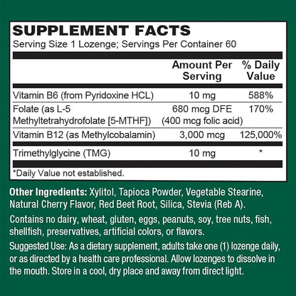 PlantFusion Methylated Vitamin B Complex – Vegan B12 3000mcg, Vegan Methylfolate (5-MTHF) 400mcg, B6 & TMG – Cherry-Flavored Lozenges – 60 Count