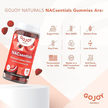 GOJOY NACsentials Sugar-Free NAC Gummies – 600mg N-Acetyl Cysteine with Vitamin C, ALA, Quercetin & Astaxanthin – Antioxidant & Liver Detox Support – Vegan & Keto-Friendly – 60 Gummies