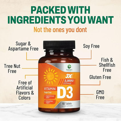 Vitamin D3 5000iu (125 mcg) Immune Health Support - High Potency Vitamin D Dietary Supplement for Bone, Teeth, Muscle - Nature's VIT D, Vegan, Gluten Free, Raspberry Flavor - 60 Chewable Tablets