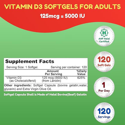 Halal Vitamin D, Halal Vitamin D3, 5000 IU Softgels, 120 Servings. Non-GMO, Gluten-Free, Supports: Structure, Bones, Teeth, Heart, Muscle & Immune Functions