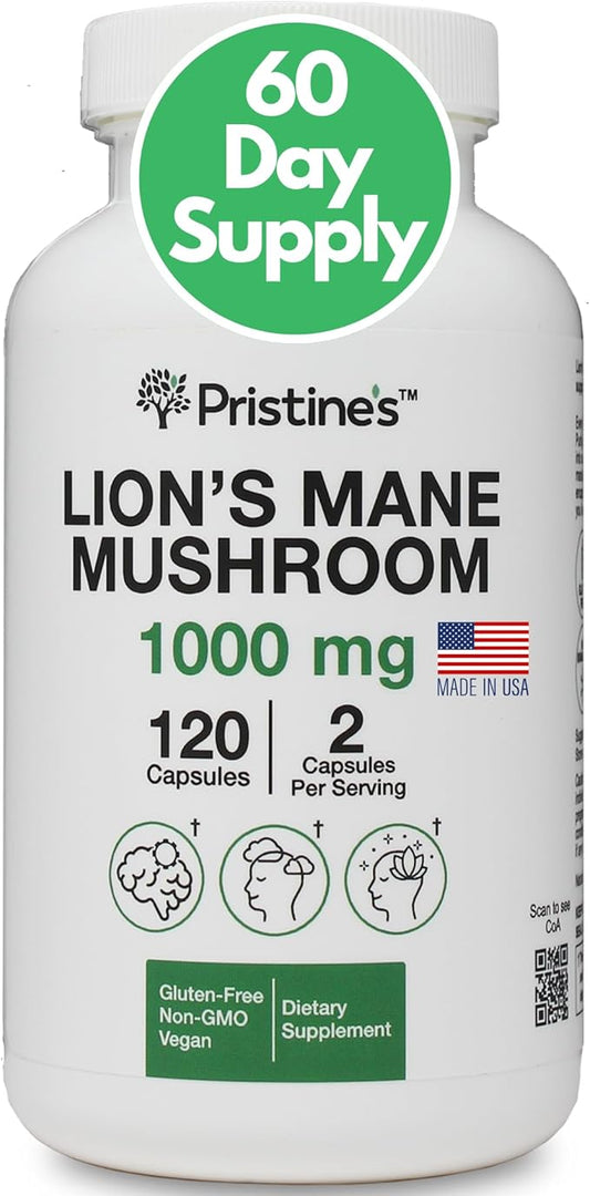 PRISTINE'S Lion's Mane Mushroom Supplement Capsules - Focus & Cognitive Function Adaptogen - 1000mg 60 Day Supply - Immunity, Memory and Focus for Adults - Vegan - Non-GMO