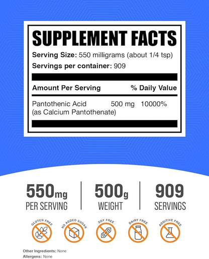 BulkSupplements.com Vitamin B5 Powder - as Calcium Pantothenate, B5 Vitamins - Gluten Free, 500mg of Vitamin B5 Pantothenic Acid per Serving, 500g (1.1 lbs) (Pack of 1)