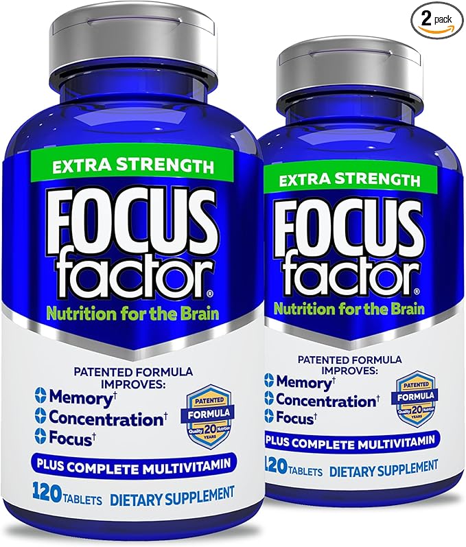 Focus Factor Adults Extra Strength, 120 Count- Brain Supplement for Memory, Concentration, Focus - DMAE, Vitamin D, DHA- Brain Health Supplement – Trusted Formula- Brain Vitamins, Focus Pills (2 pk)