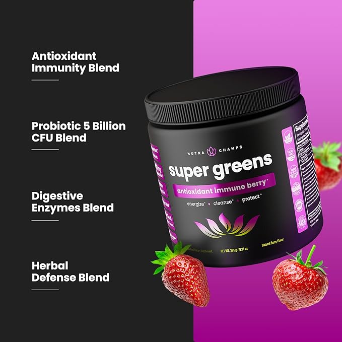 NutraChamps Super Greens Powder Premium Superfood | 20+ Organic Green Veggie Whole Foods | Wheat Grass, Spirulina, Chlorella | Antioxidant, Digestive Enzyme & Probiotic Blends (9.1 OZ, Antioxidant)