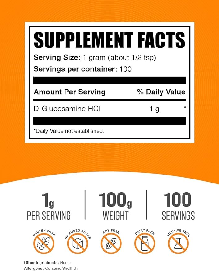 BulkSupplements.com Glucosamine HCl Powder - Glucosamine 1000mg, Glucosamine Supplement, Glucosamine Powder - Gluten Free, 1000mg per Serving, 100g (3.5 oz) (Pack of 1)
