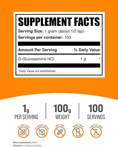 BulkSupplements.com Glucosamine HCl Powder - Glucosamine 1000mg, Glucosamine Supplement, Glucosamine Powder - Gluten Free, 1000mg per Serving, 100g (3.5 oz) (Pack of 1)
