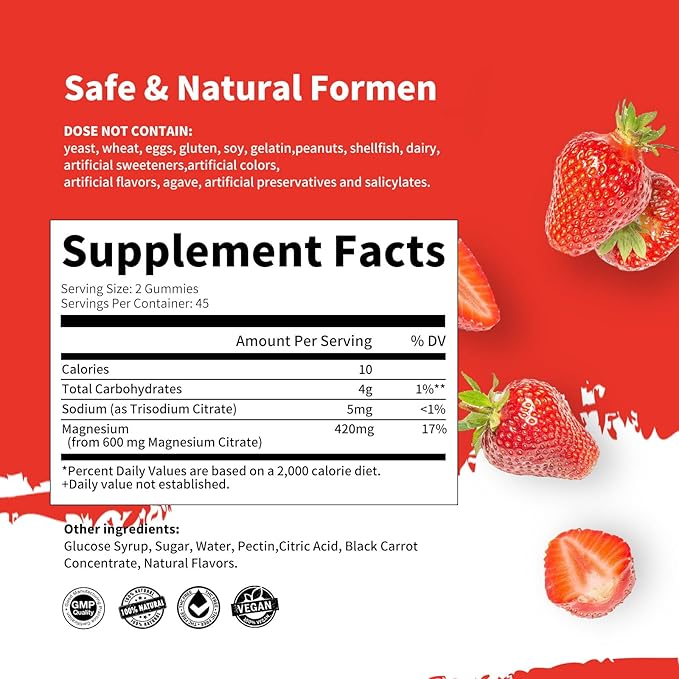 Magnesium Glycinate Gummies 1000mg - Sugar Free Magnesium Potassium Supplement with Vitamin D, B6, CoQ10 for Calm Mood & Sleep Support - 60 Strawberry Gummies