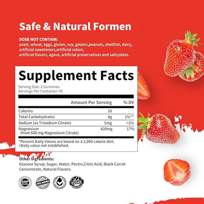Magnesium Glycinate Gummies 1000mg - Sugar Free Magnesium Potassium Supplement with Vitamin D, B6, CoQ10 for Calm Mood & Sleep Support - 60 Strawberry Gummies