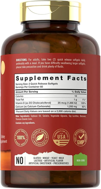 Carlyle Calcium 1200 mg with Vitamin D3 | 120 Softgels | Non-GMO & Gluten Free Supplement for Men and Women | Tahoe Nutritionals