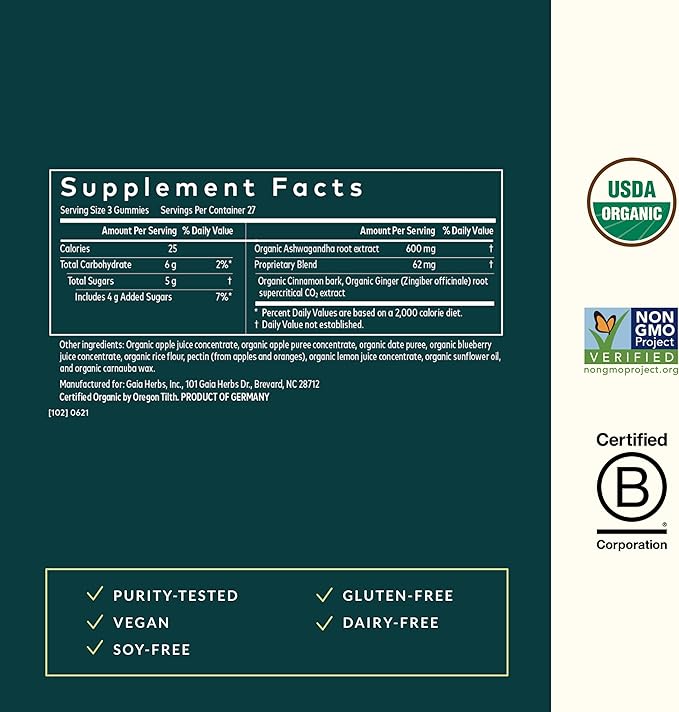 Gaia Herbs Organic Ashwagandha Gummies, Stress Support, Cinnamon, Ginger, Gluten Free, Vegan, 81 Count
