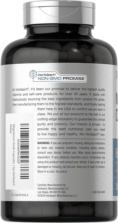 Horbäach Magnesium Oxide 865 mg | 200 Capsules | Non-GMO and Gluten Free Supplement
