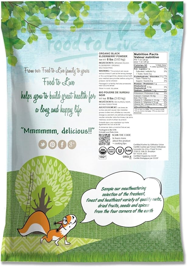 Food to Live Organic Black Elderberry Powder, 8 Pounds – Non-GMO, Made from Raw Dried Berries, Unsulfured, Vegan, Bulk, Great for Baking, Smoothies, Yogurts, No Sulphites, Contains Maltodextrin