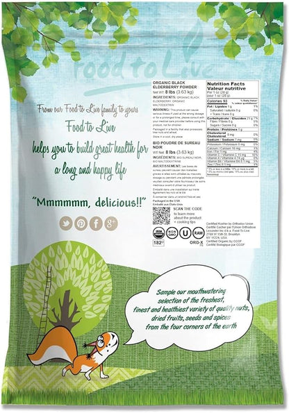 Food to Live Organic Black Elderberry Powder, 8 Pounds – Non-GMO, Made from Raw Dried Berries, Unsulfured, Vegan, Bulk, Great for Baking, Smoothies, Yogurts, No Sulphites, Contains Maltodextrin