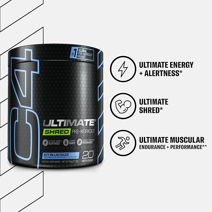 Cellucor C4 Ultimate Shred Pre Workout Powder for Men & Women, Metabolism Supplement with Ginger Root Extract, ICY Blue Razz, 20 Servings (Pack of 1)