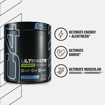 Cellucor C4 Ultimate Shred Pre Workout Powder for Men & Women, Metabolism Supplement with Ginger Root Extract, ICY Blue Razz, 20 Servings (Pack of 1)