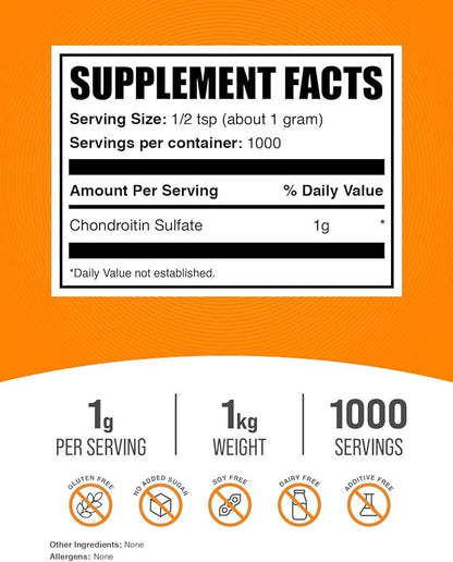 BulkSupplements.com Chondroitin Sulfate Powder - Chondroitin Sulfate Supplement, for Joint Support - Gluten Free, 1g per Serving, 1kg (2.2 lbs) (Pack of 1)