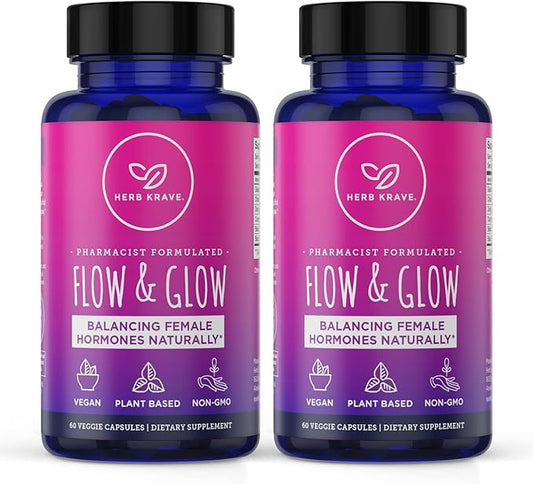 Flow and Glow Natural Hormone Balance for Women - PMS & Menopause Relief for Cramps, Mood Swings & Night Sweats with Donq Quai & Black Cohosh for Menopause - 60 Vegan Capsules (2 Pack)