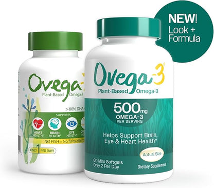 OVEGA-3 Plant-Based Omega-3 from Algal Oil Daily Supplement, 500mg, Supports Brain, Eye & Heart Health, Two mini softgels per Day, 60 Count