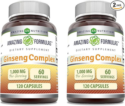 Amazing Formulas Ginseng Complex 1000 Mg of 4:1 Korean Ginseng Extract | Capsules Supplement | Non-GMO | Gluten Free | Made in USA (2 Pack | 120 Count)